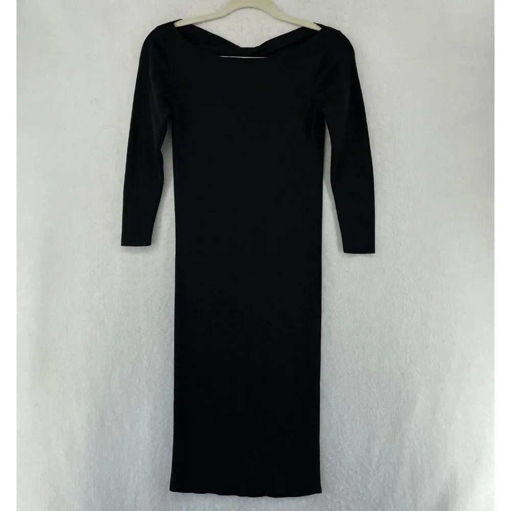 Zara Dress Women's S Black Knit Boat Neck Twist Keyhole Back Bodycon Midi Dress